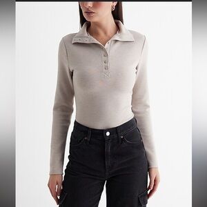 Express Body Contour Luxe Lounge Long Sleeve Henley Bodysuit in Tan size Small